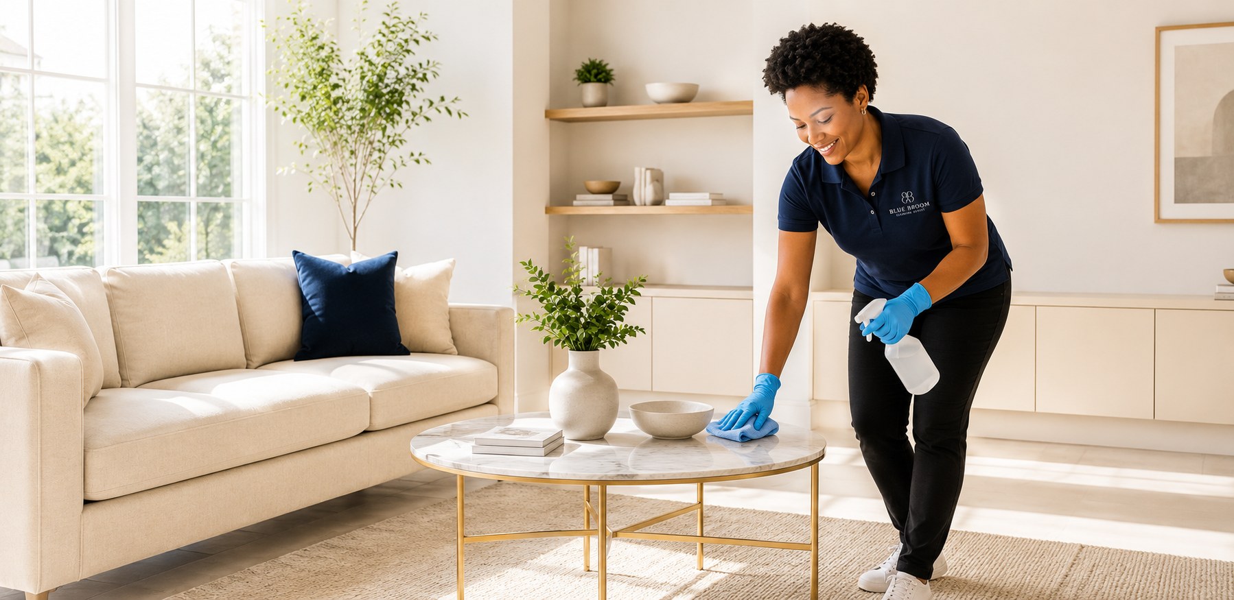 A Blue Broom cleaner in a branded polo shirt cleaning a living room