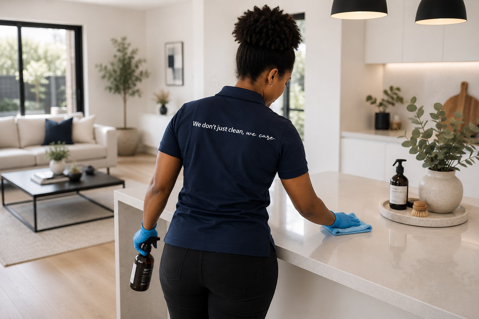 A Blue Broom cleaner wearing a polo shirt printed with the words 'We don't just clean, we care.'