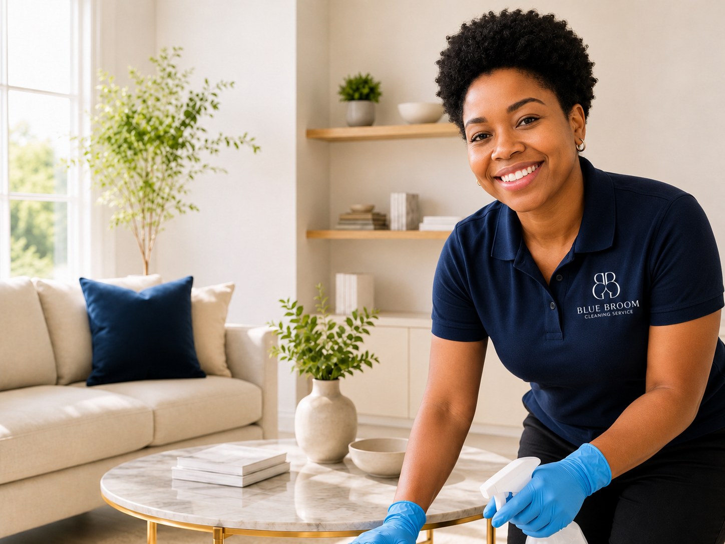 A smiling Blue Broom cleaner in a branded polo shirt cleaning a living room